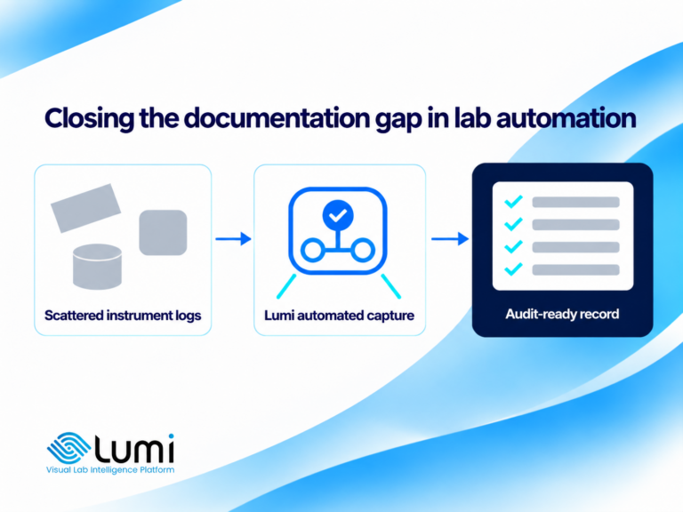 Three-step diagram: scattered instrument logs, Lumi automated capture and an audit-ready record.